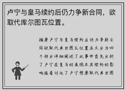 卢宁与皇马续约后仍力争新合同，欲取代库尔图瓦位置。